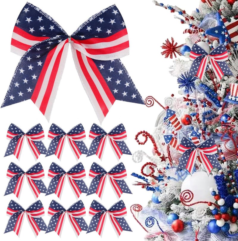 Hongsome 12 Pcs Patriotic Tree Bows Decorations,6 Inch 4th of July Ornaments for Tree Front Door Independence Day Memorial Day Veteran's Day Outdoor Red Blue White Decor - Image 1